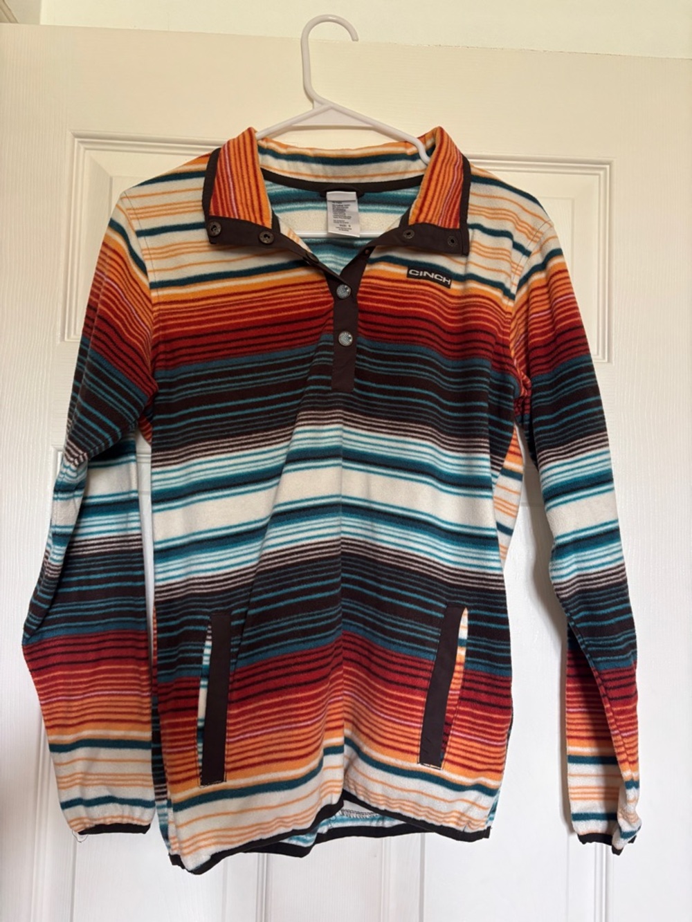 Cinch Striped Fleece Pullover - Teal, Orange, Brown, Cream